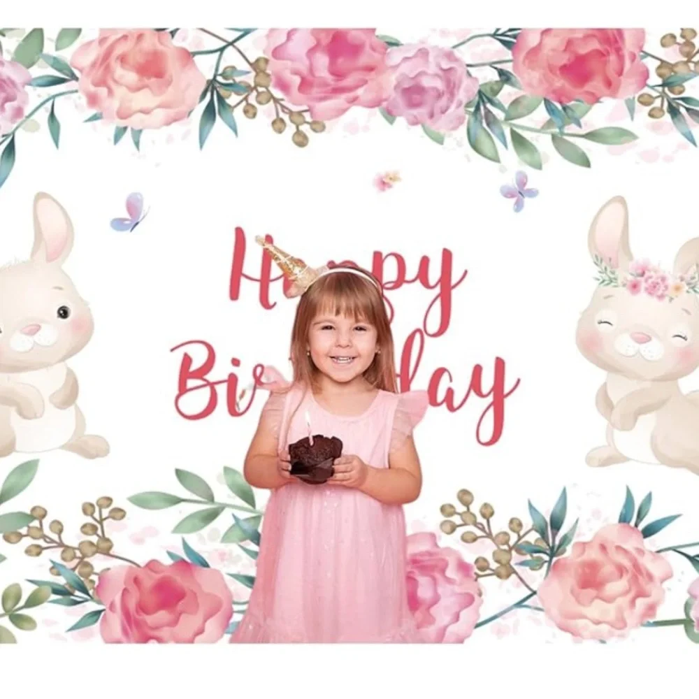 Bunny Birthday Backdrop 8 x 10,Watercolor Floral Butterfly Rabbits Photography